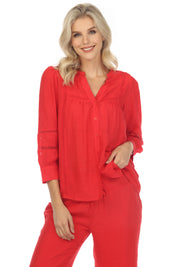 Blusa informal de mujer con cuello en V, botones y ribete de crochet, manga 3/4, para resort
