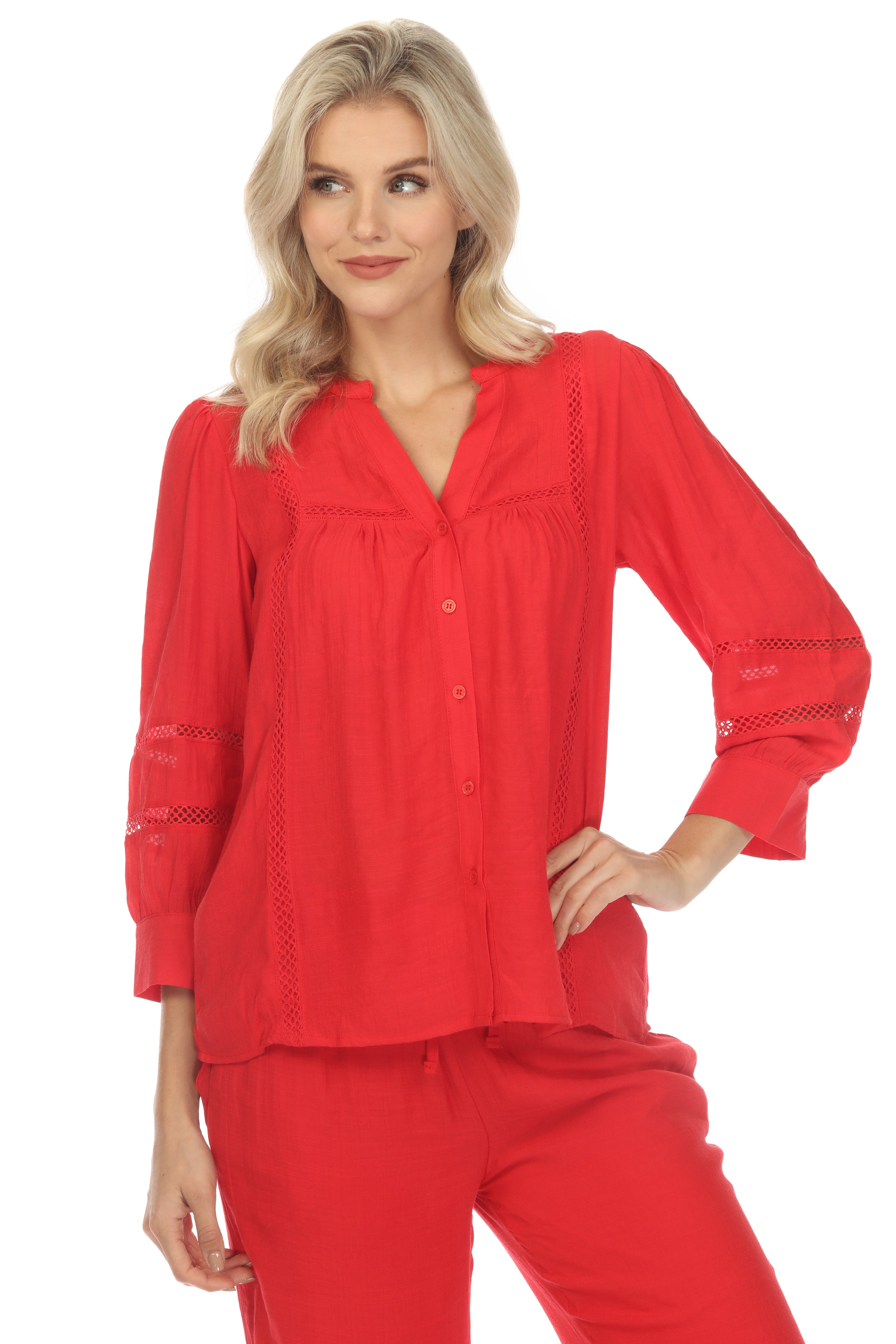 Blusa informal de mujer con cuello en V, botones y ribete de crochet, manga 3/4, para resort