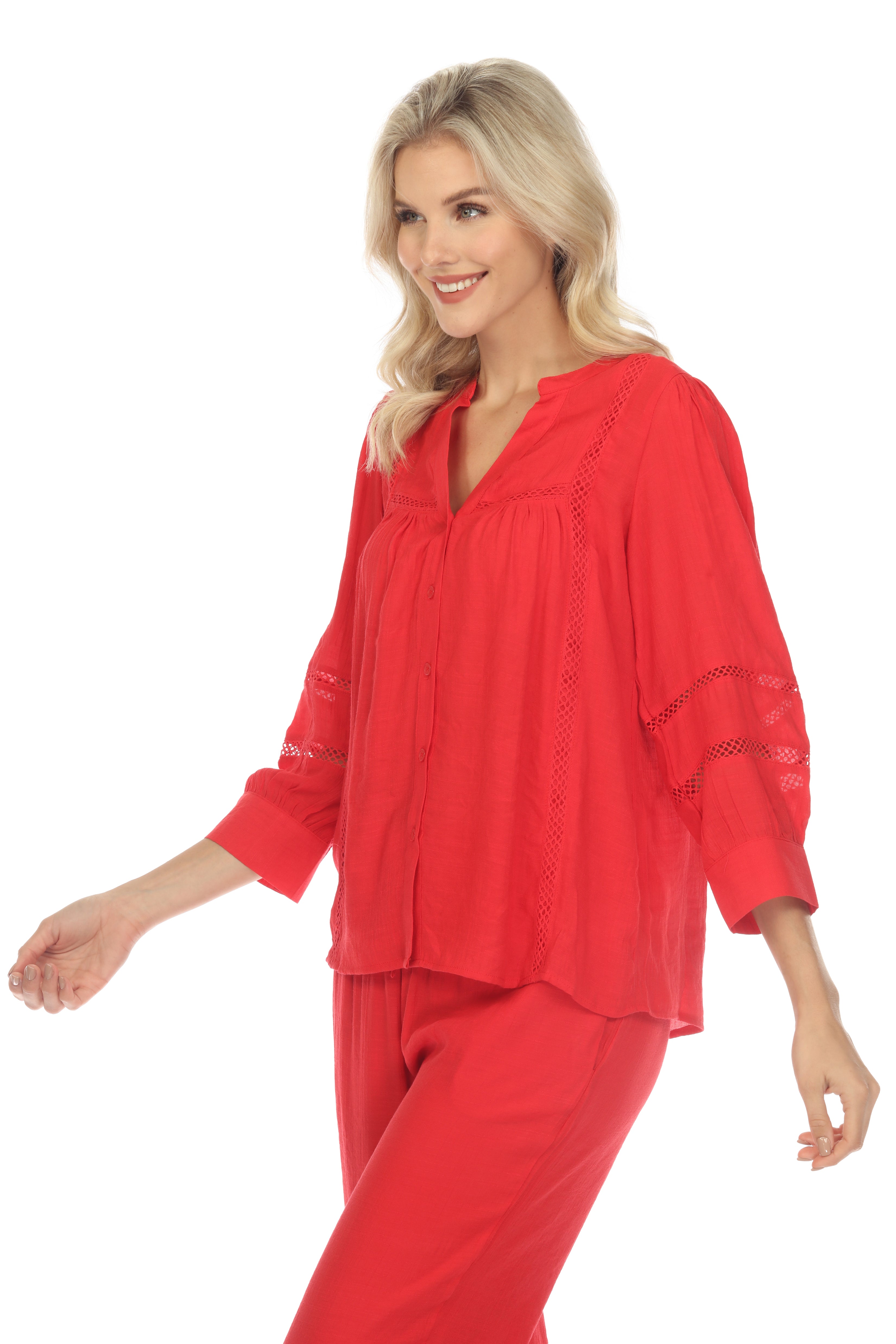 Blusa informal de mujer con cuello en V, botones y ribete de crochet, manga 3/4, para resort