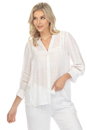 Blusa informal de mujer con cuello en V, botones y ribete de crochet, manga 3/4, para resort
