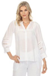 Blusa informal de mujer con cuello en V, botones y ribete de crochet, manga 3/4, para resort