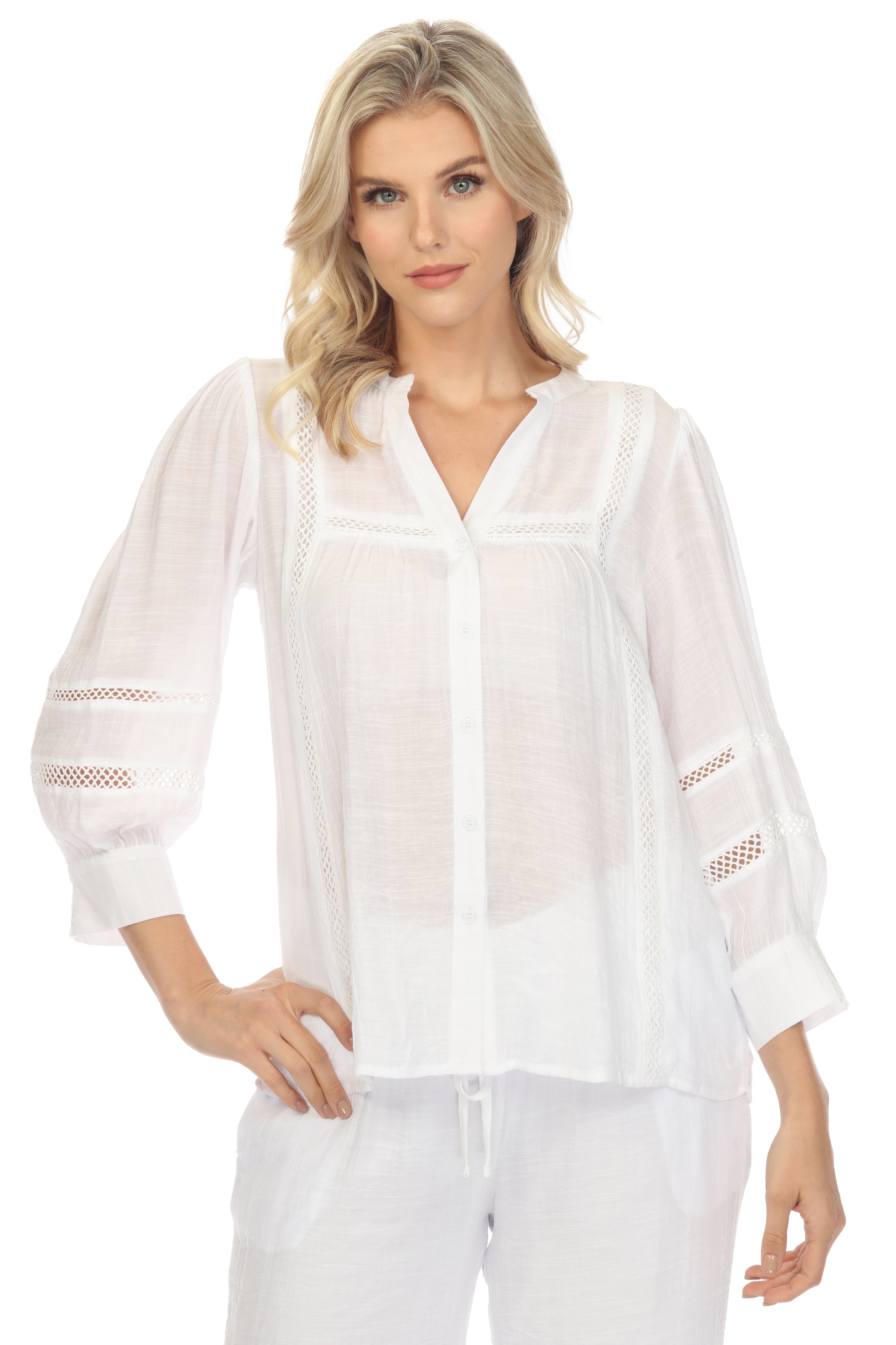 Blusa informal de mujer con cuello en V, botones y ribete de crochet, manga 3/4, para resort