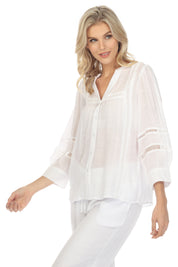 Blusa informal de mujer con cuello en V, botones y ribete de crochet, manga 3/4, para resort