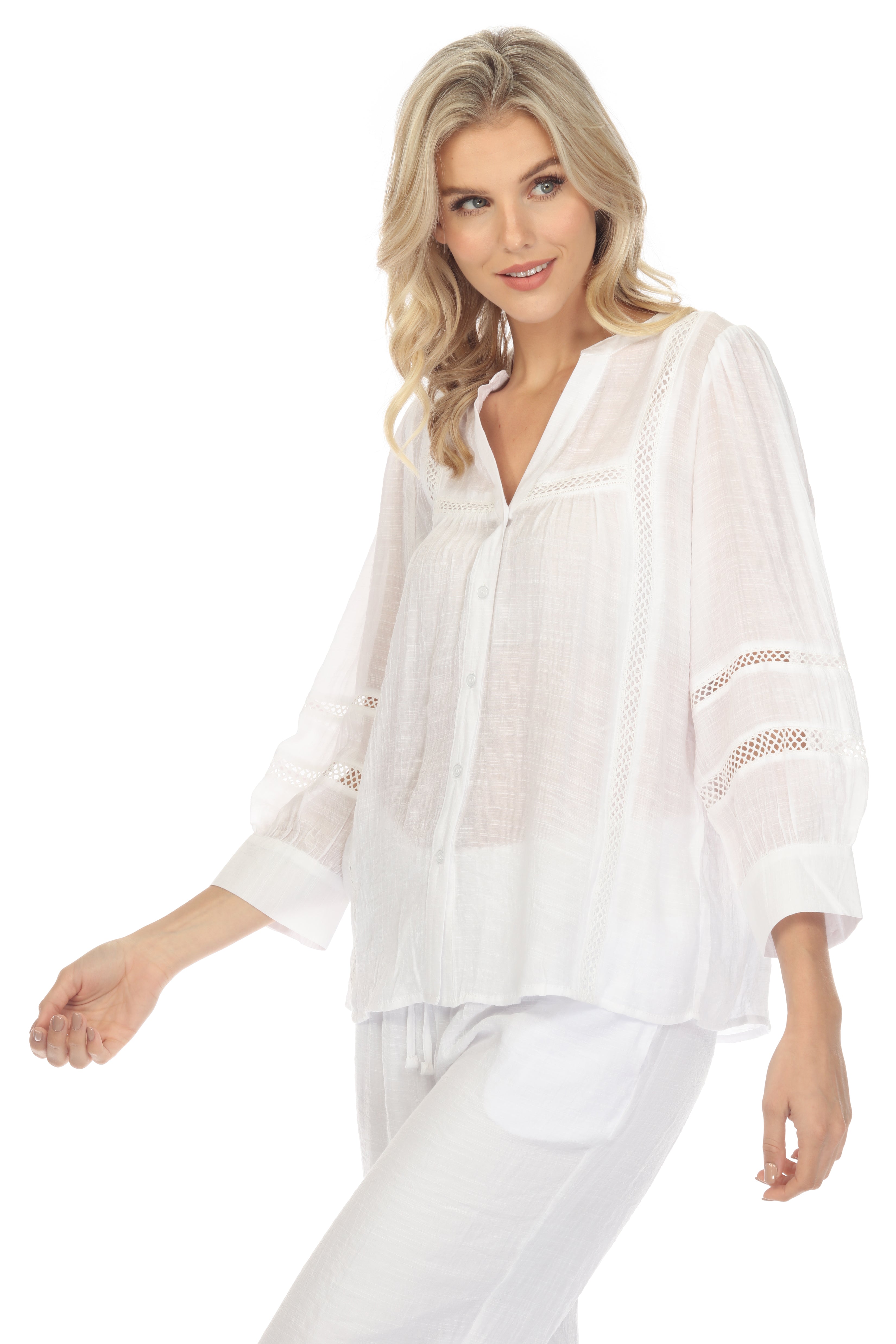 Blusa informal de mujer con cuello en V, botones y ribete de crochet, manga 3/4, para resort
