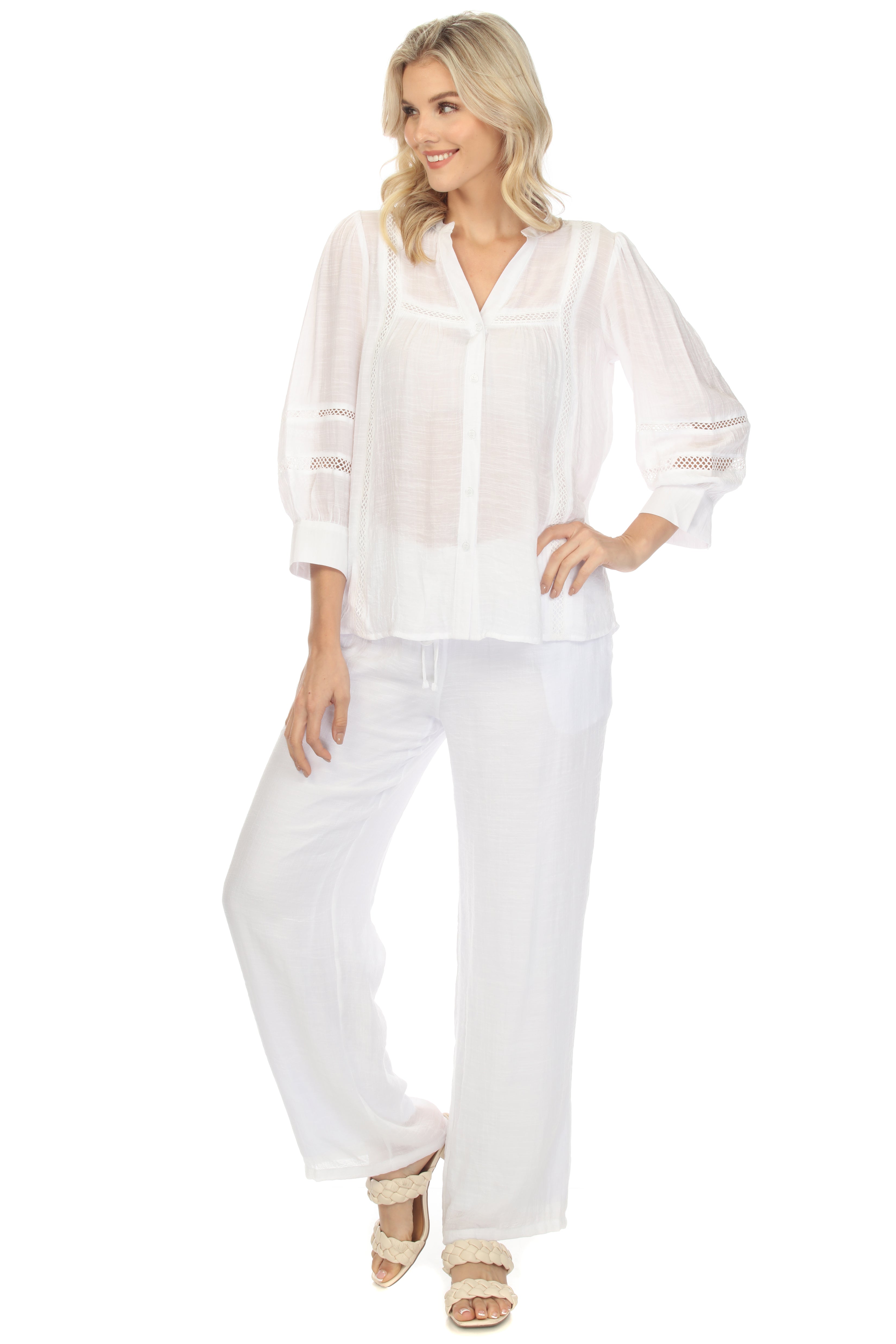 Blusa informal de mujer con cuello en V, botones y ribete de crochet, manga 3/4, para resort