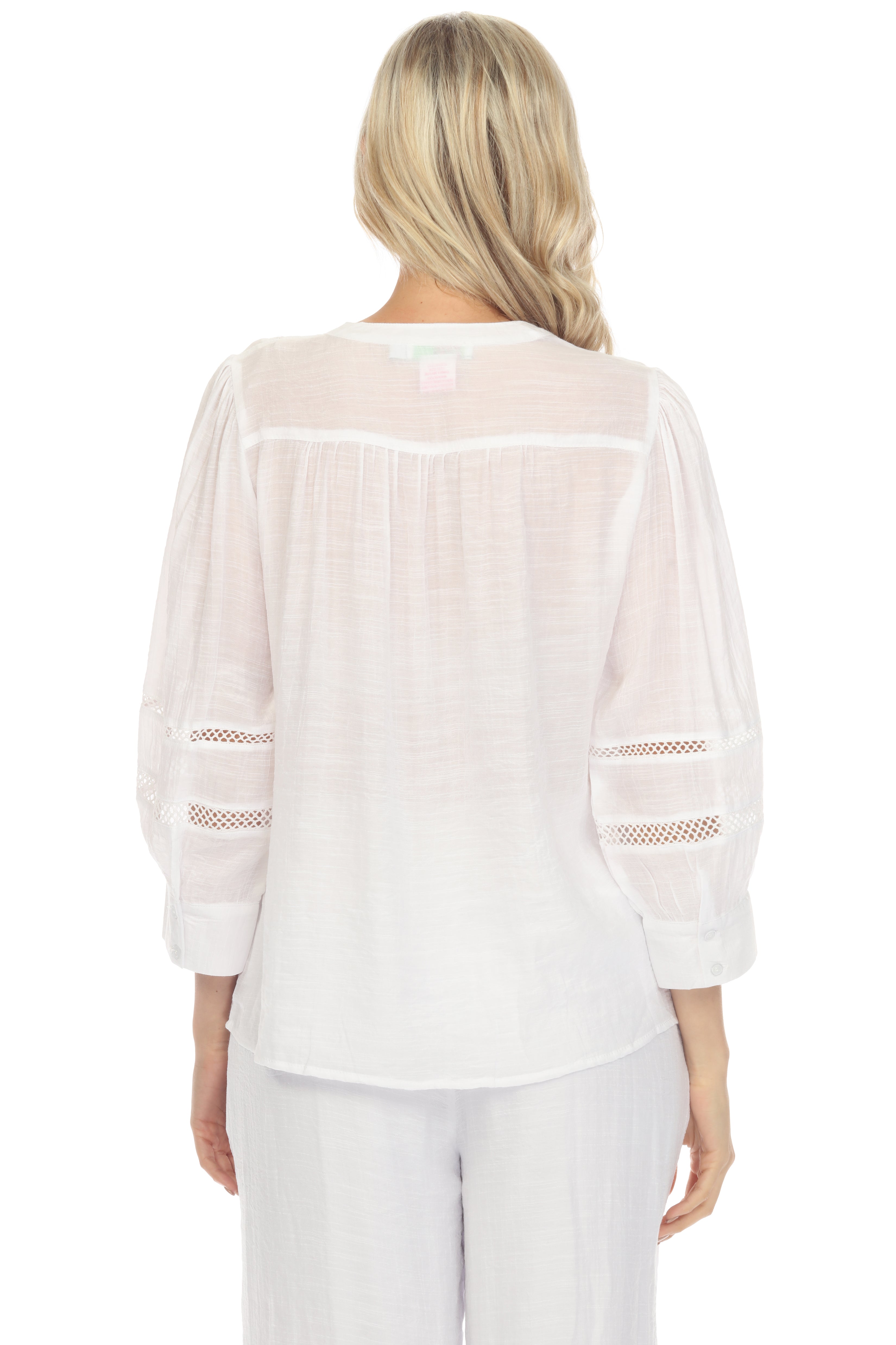 Blusa informal de mujer con cuello en V, botones y ribete de crochet, manga 3/4, para resort
