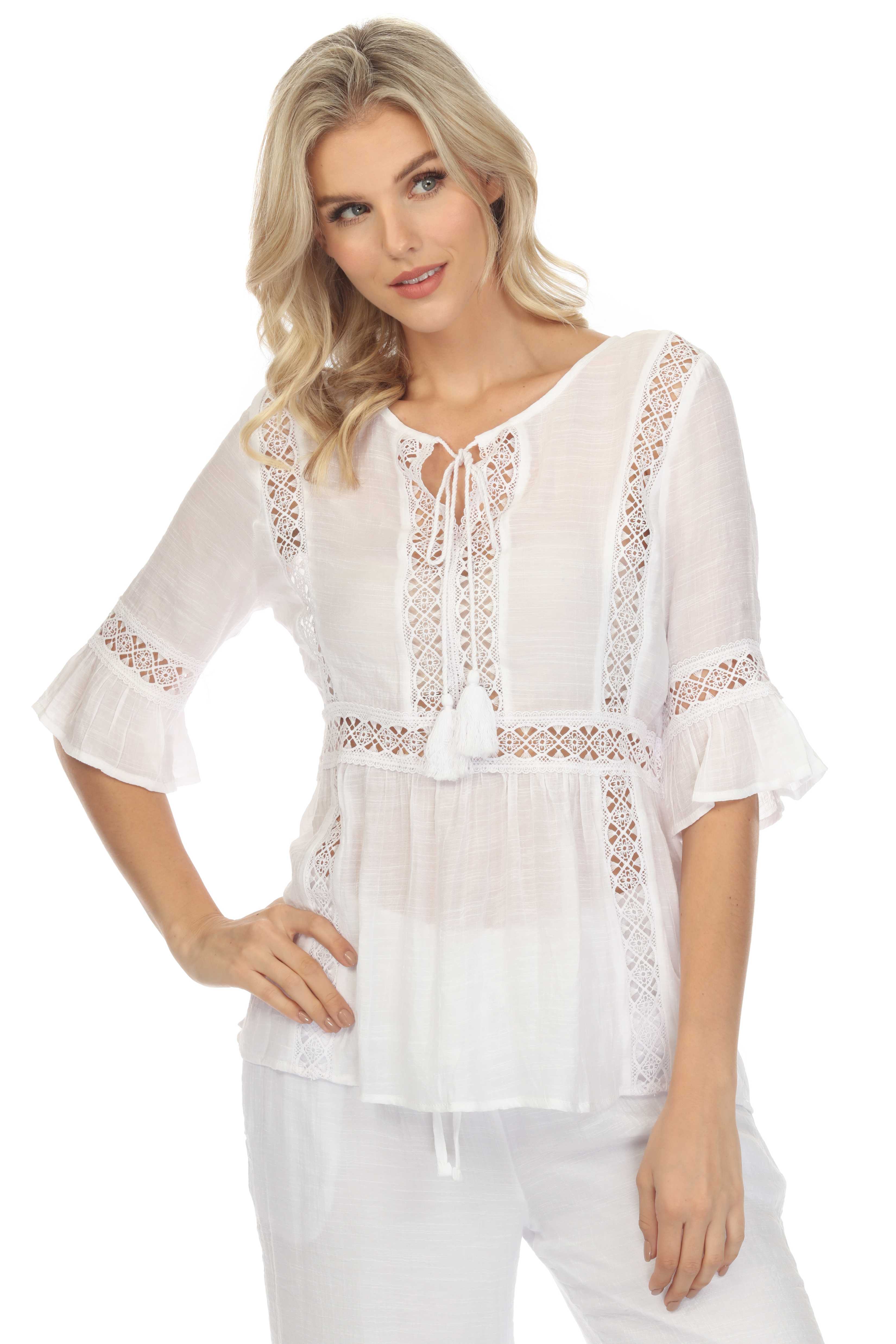 Túnica informal de verano para mujer con cuello redondo, ribete de crochet, mangas ¾ con volantes y cordón ajustable con borlas