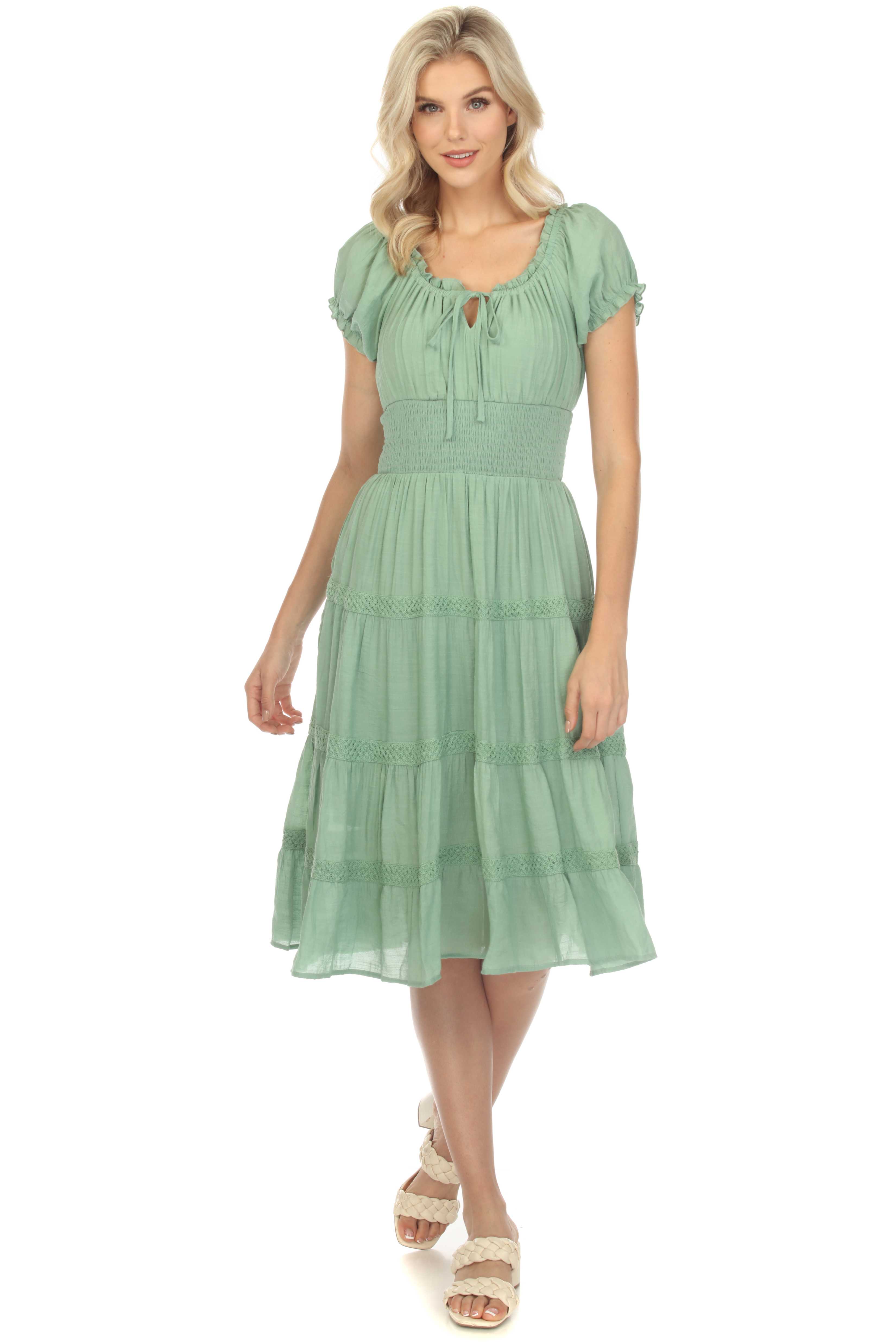 Vestido informal de resort para mujer, con hombros descubiertos, cintura fruncida, largo hasta la rodilla y cordón ajustable.