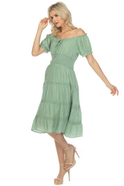 Vestido informal de resort para mujer, con hombros descubiertos, cintura fruncida, largo hasta la rodilla y cordón ajustable.
