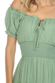 Vestido informal de resort para mujer, con hombros descubiertos, cintura fruncida, largo hasta la rodilla y cordón ajustable.