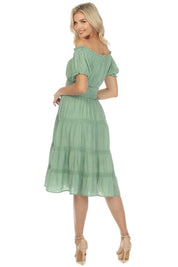 Vestido informal de resort para mujer, con hombros descubiertos, cintura fruncida, largo hasta la rodilla y cordón ajustable.