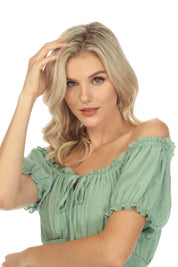 Vestido informal de resort para mujer, con hombros descubiertos, cintura fruncida, largo hasta la rodilla y cordón ajustable.