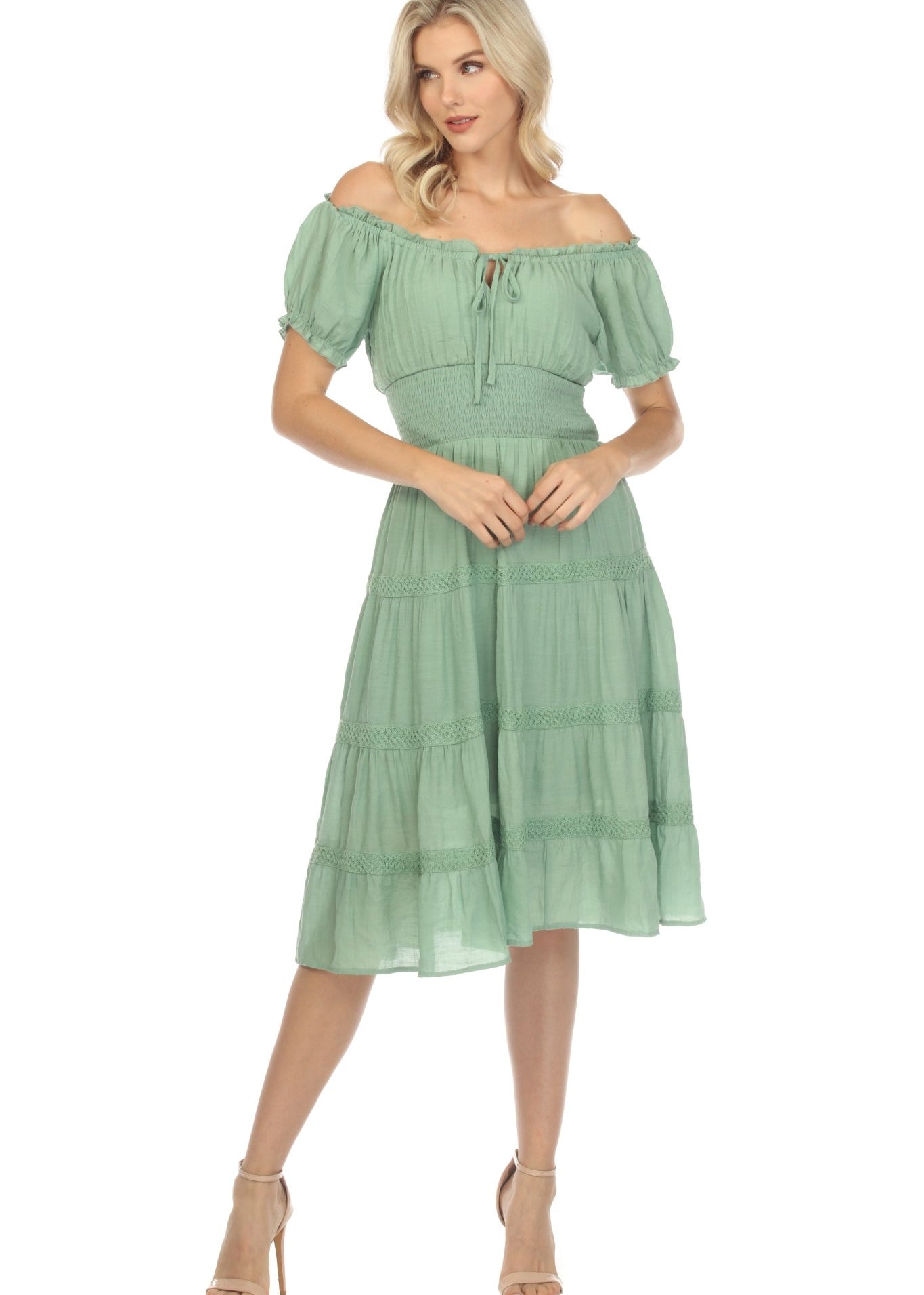 Women's Casual Resort Wear Dress Off-Shoulder Smocked Waist Knee Length with Drawstring