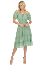 Vestido informal de resort para mujer, con hombros descubiertos, cintura fruncida, largo hasta la rodilla y cordón ajustable.