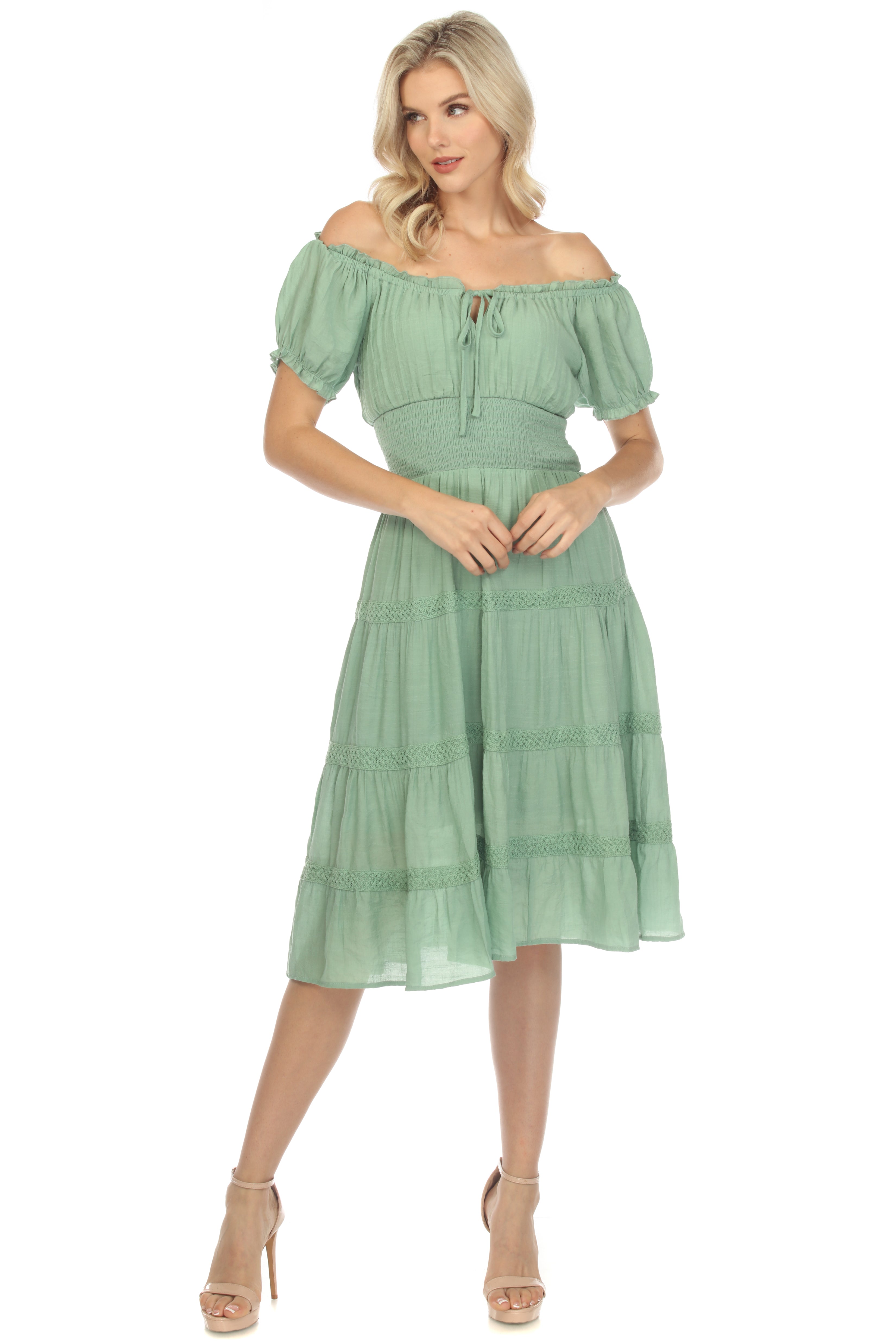 Vestido informal de resort para mujer, con hombros descubiertos, cintura fruncida, largo hasta la rodilla y cordón ajustable.