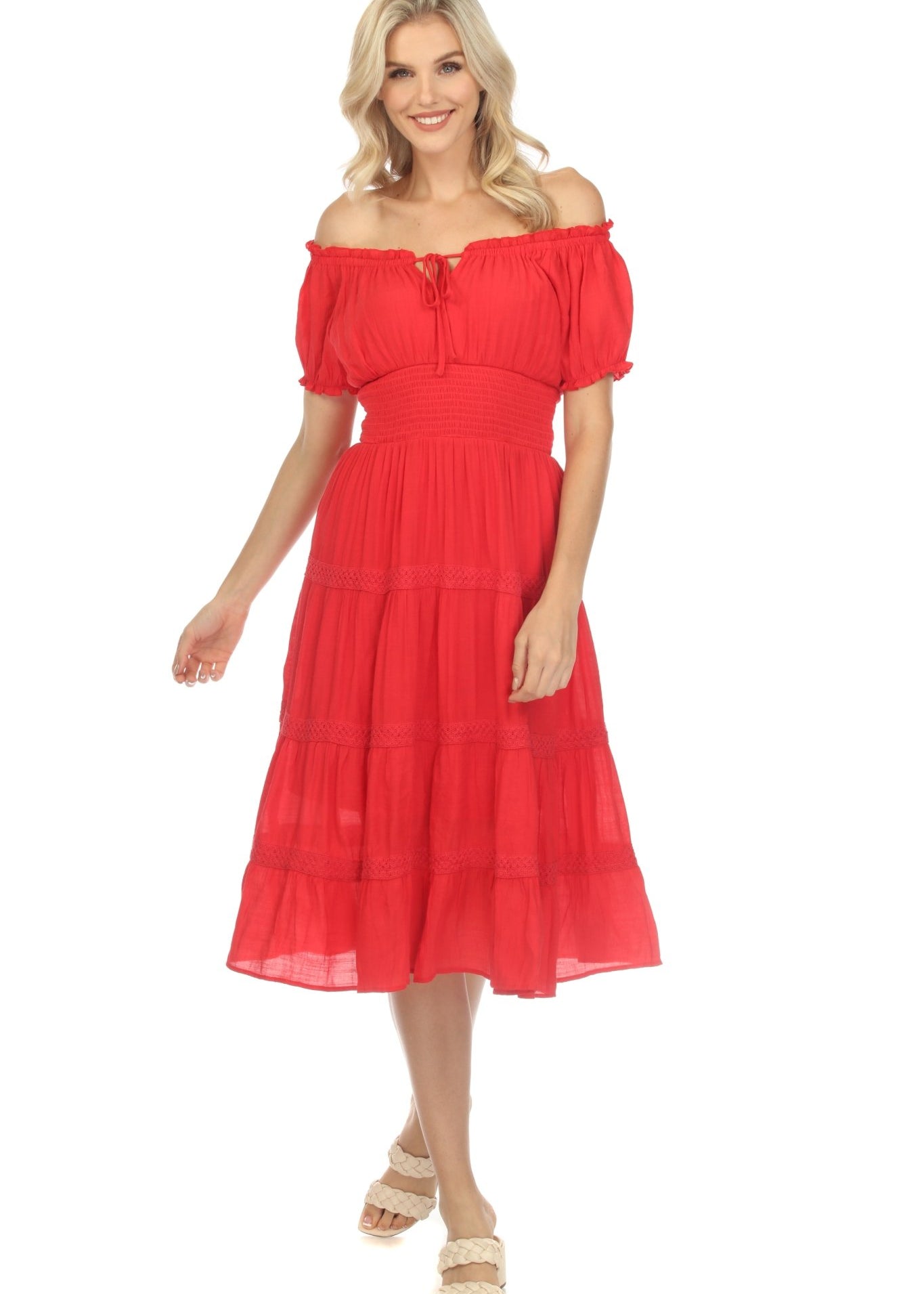 Women's Casual Resort Wear Dress Off-Shoulder Smocked Waist Knee Length with Drawstring