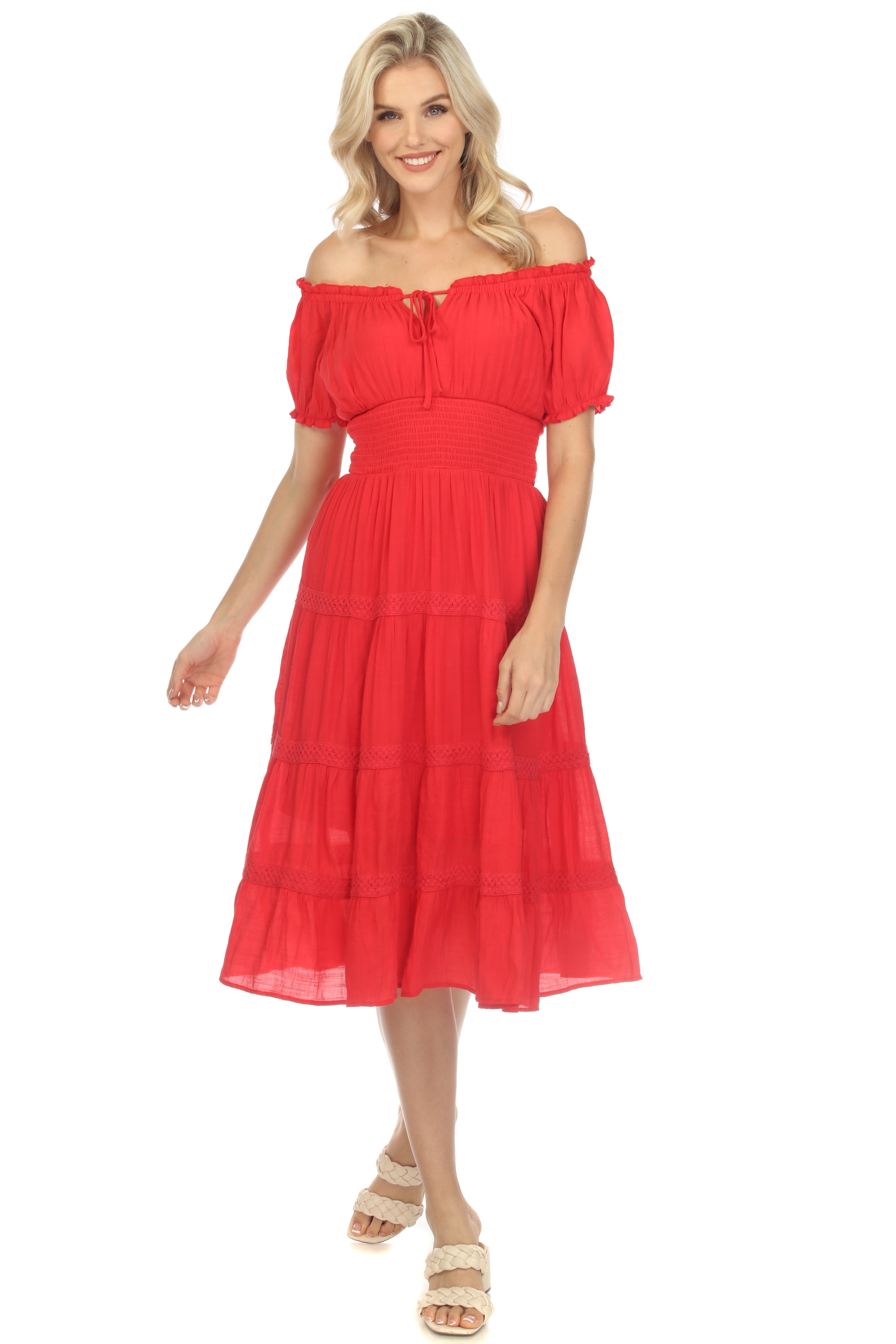 Vestido informal de resort para mujer, con hombros descubiertos, cintura fruncida, largo hasta la rodilla y cordón ajustable.