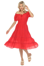 Vestido informal de resort para mujer, con hombros descubiertos, cintura fruncida, largo hasta la rodilla y cordón ajustable.
