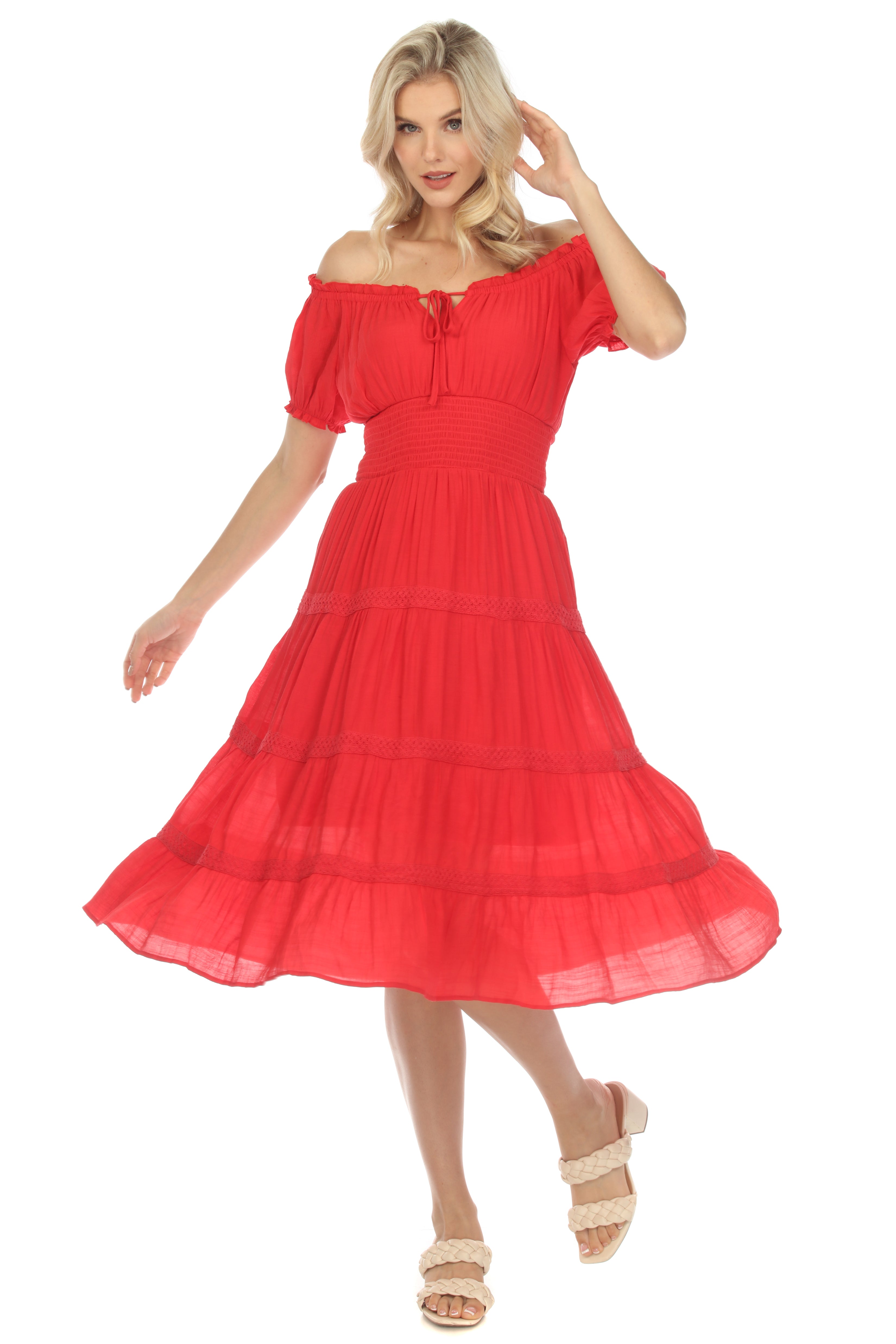 Vestido informal de resort para mujer, con hombros descubiertos, cintura fruncida, largo hasta la rodilla y cordón ajustable.