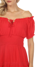 Vestido informal de resort para mujer, con hombros descubiertos, cintura fruncida, largo hasta la rodilla y cordón ajustable.