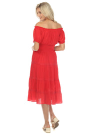 Vestido informal de resort para mujer, con hombros descubiertos, cintura fruncida, largo hasta la rodilla y cordón ajustable.