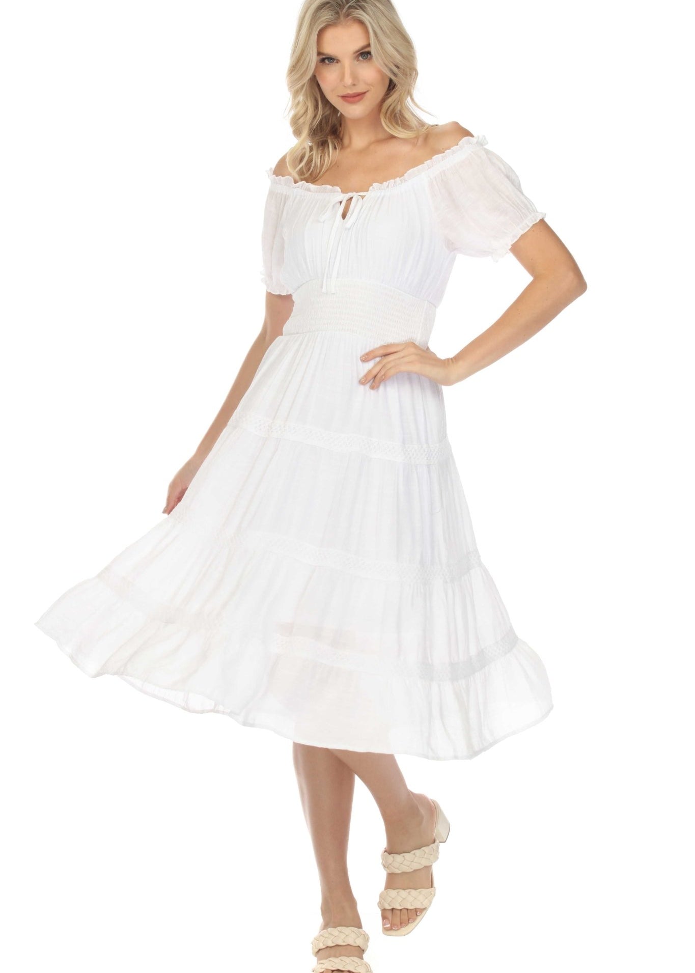 Women's Casual Resort Wear Dress Off-Shoulder Smocked Waist Knee Length with Drawstring