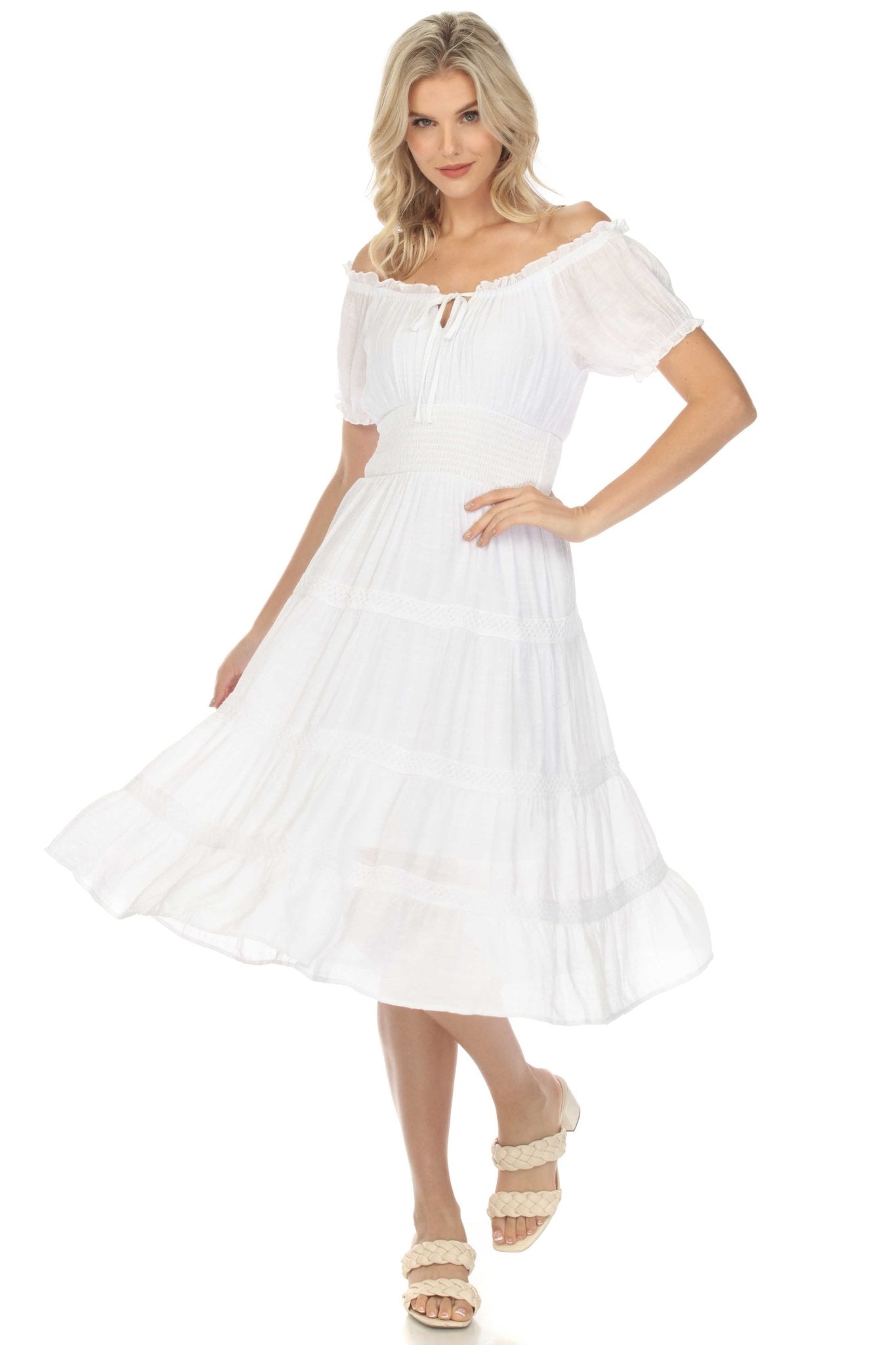 Vestido informal de resort para mujer, con hombros descubiertos, cintura fruncida, largo hasta la rodilla y cordón ajustable.