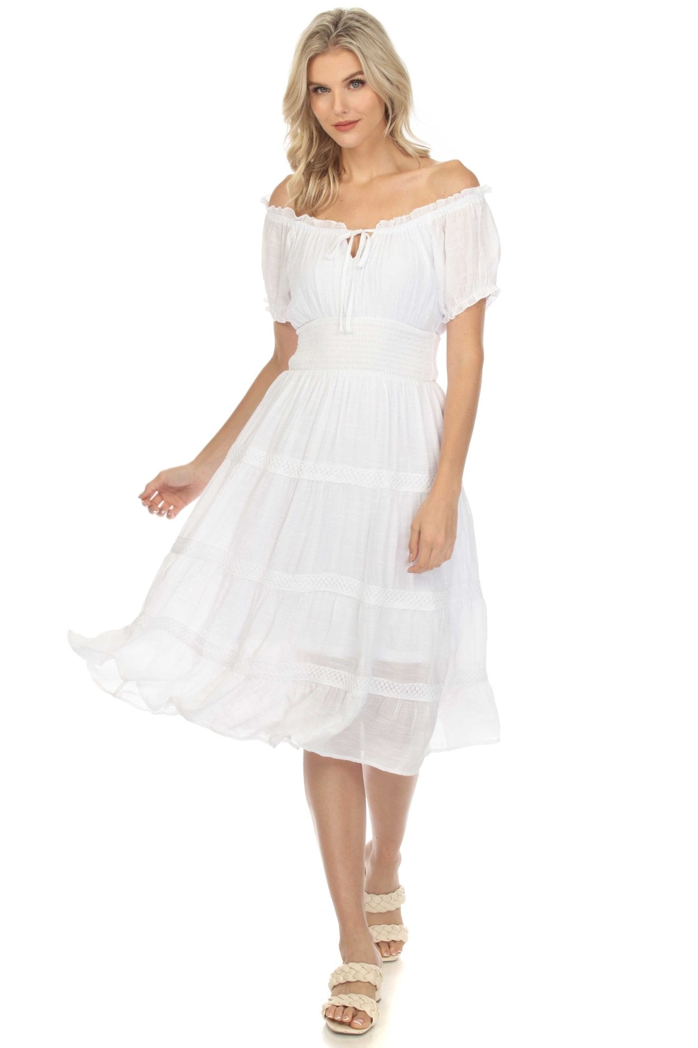 Vestido informal de resort para mujer, con hombros descubiertos, cintura fruncida, largo hasta la rodilla y cordón ajustable.