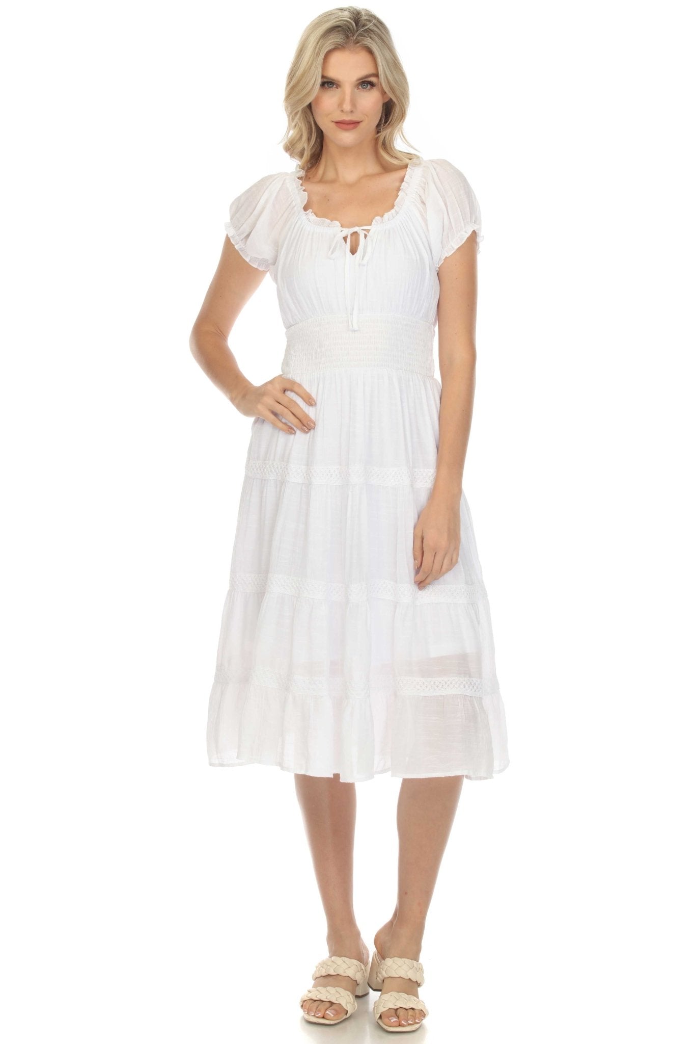 Vestido informal de resort para mujer, con hombros descubiertos, cintura fruncida, largo hasta la rodilla y cordón ajustable.