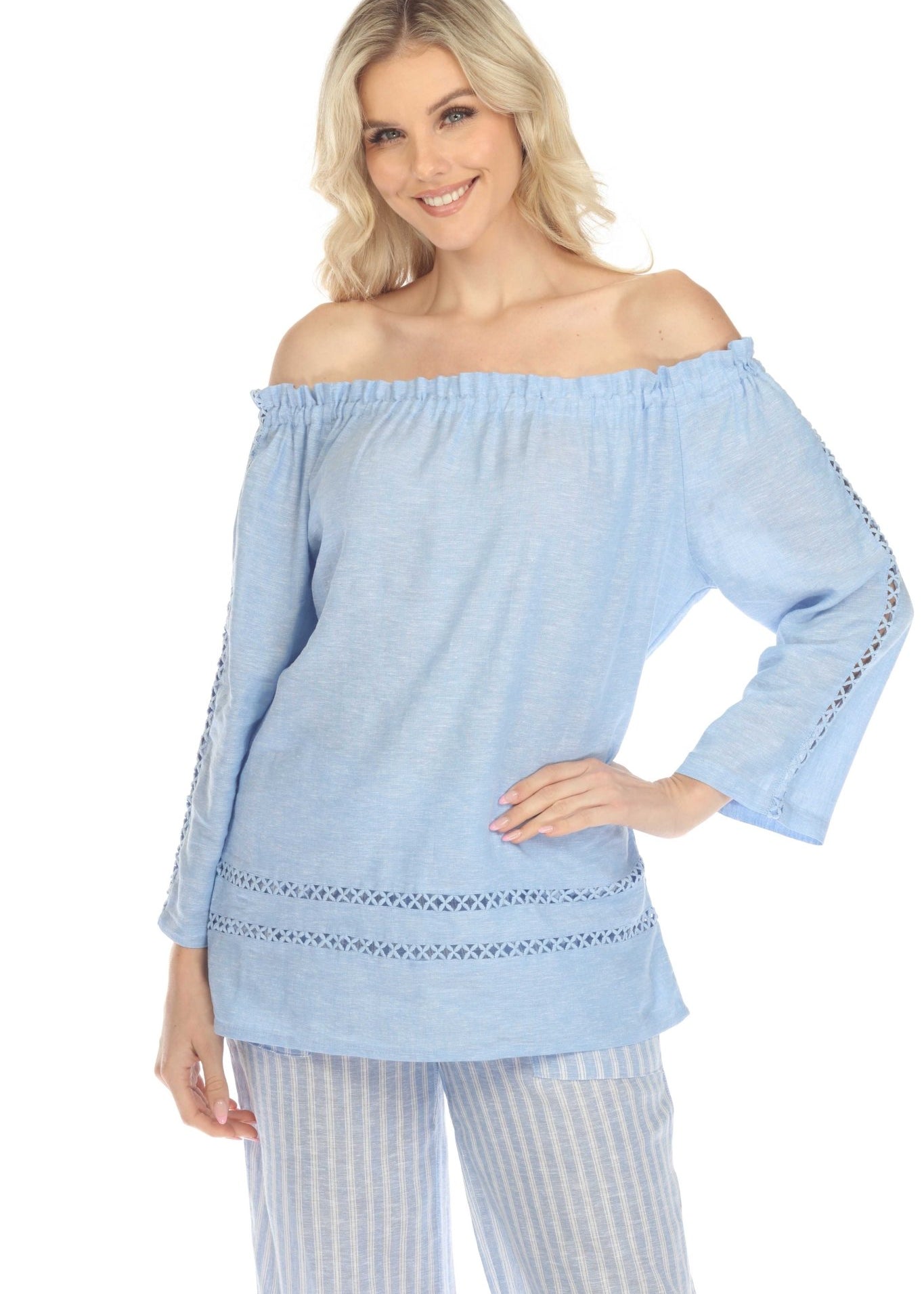 Women's Casual Resort Wear Off-Shoulder Cut Out Trim Long Sleeve Linen Blend Tunic Top