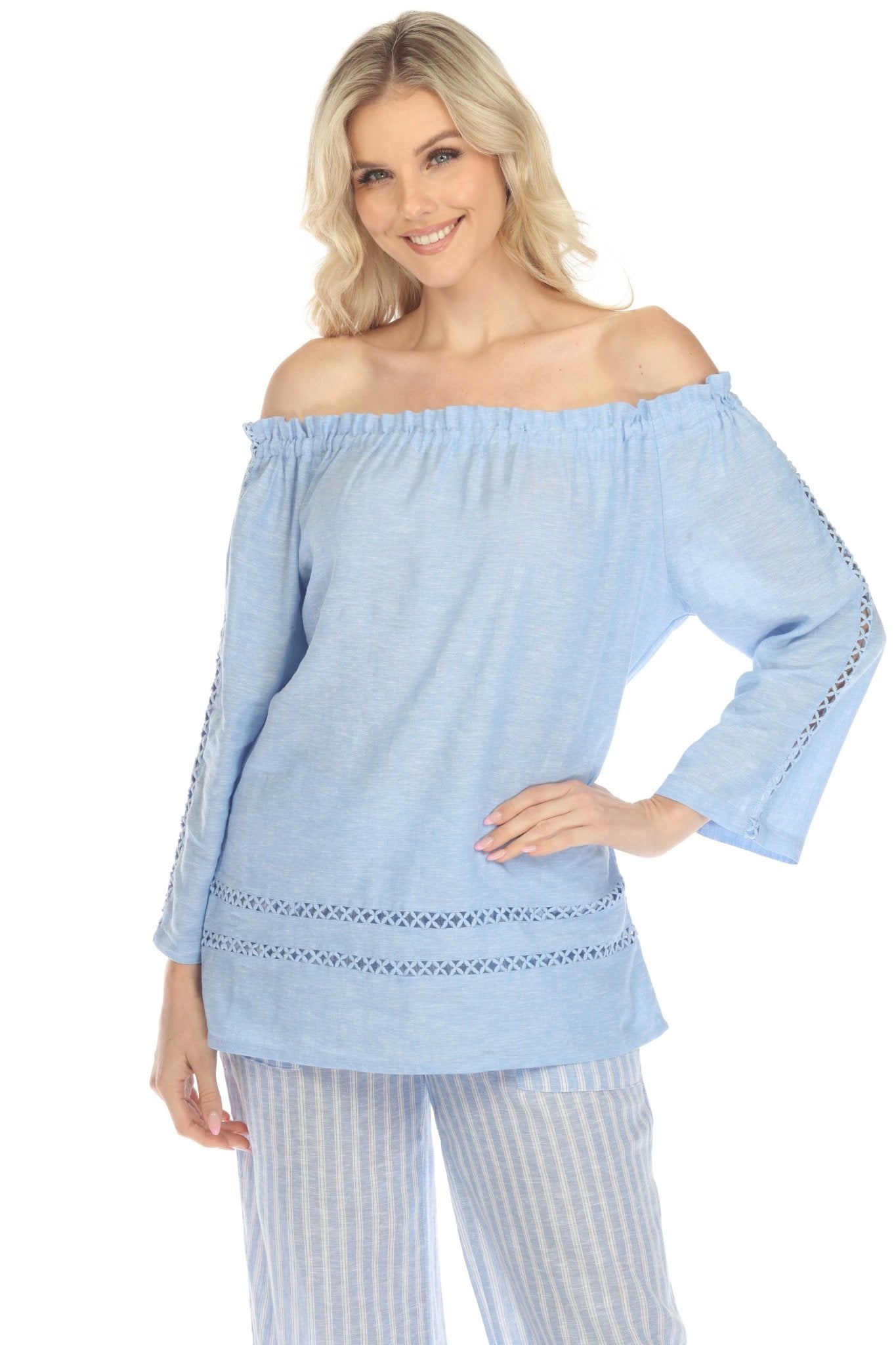 Túnica informal de lino con hombros descubiertos y mangas largas para mujer, estilo resort