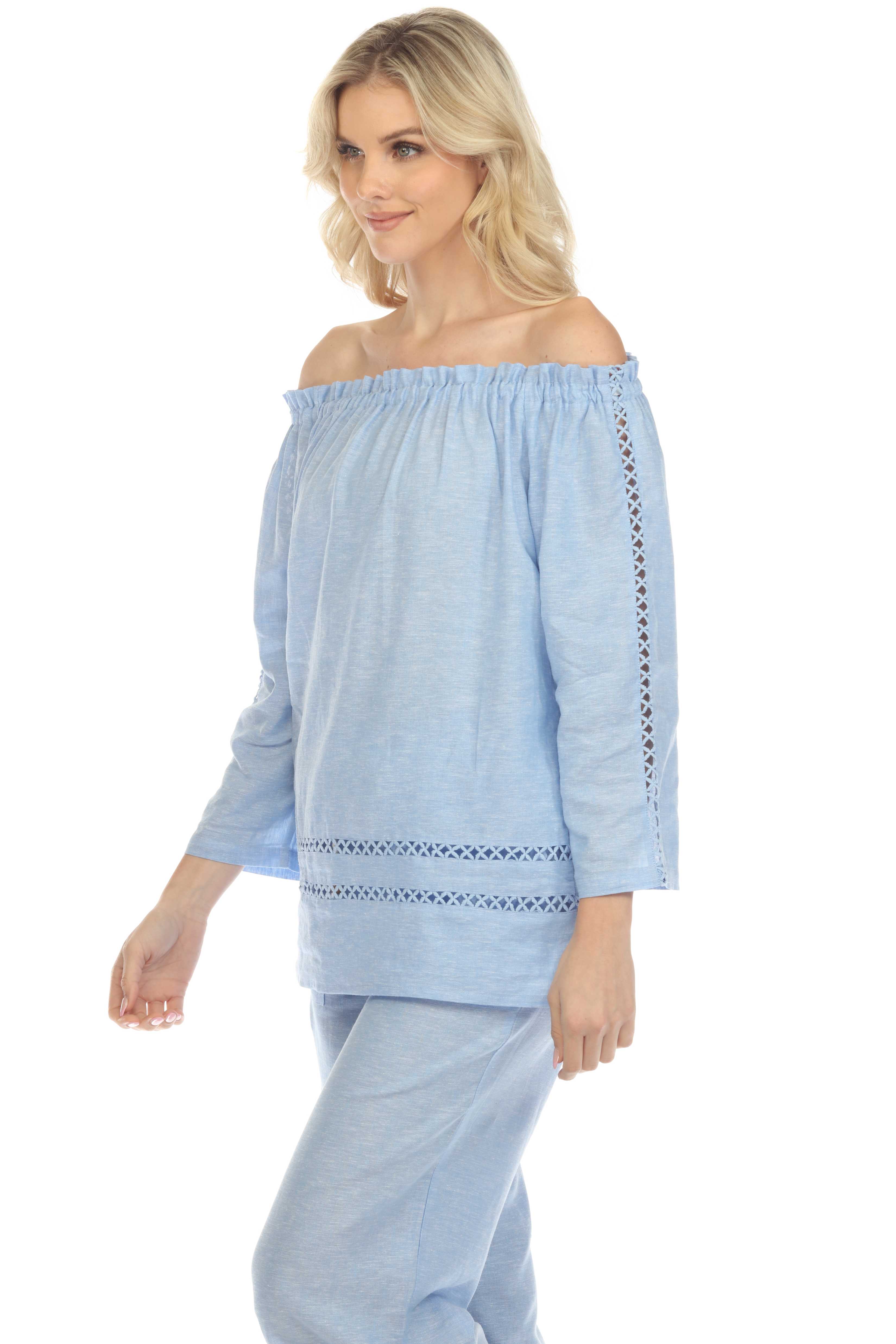 Túnica informal de lino con hombros descubiertos y mangas largas para mujer, estilo resort