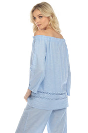 Túnica informal de lino con hombros descubiertos y mangas largas para mujer, estilo resort