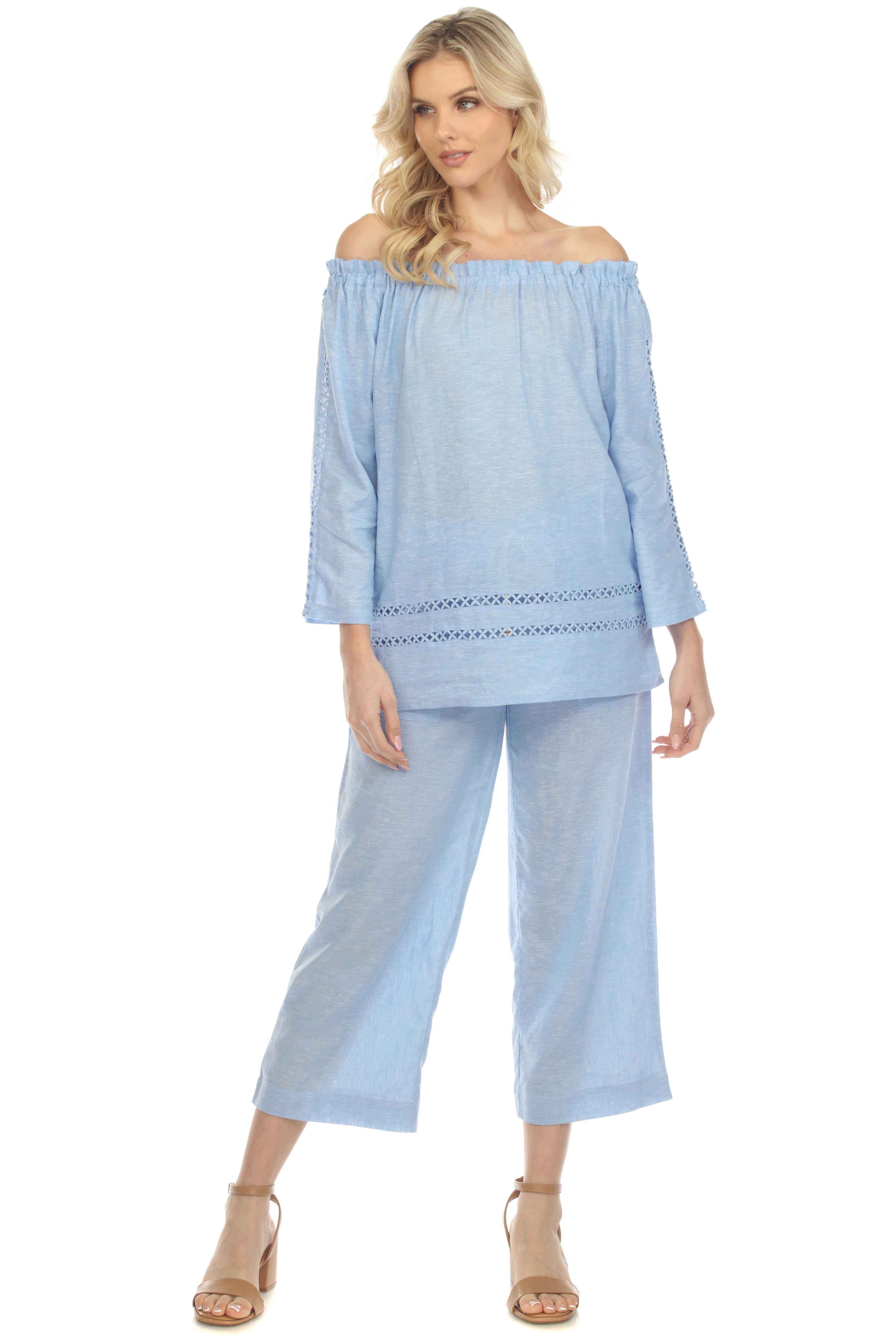 Túnica informal de lino con hombros descubiertos y mangas largas para mujer, estilo resort