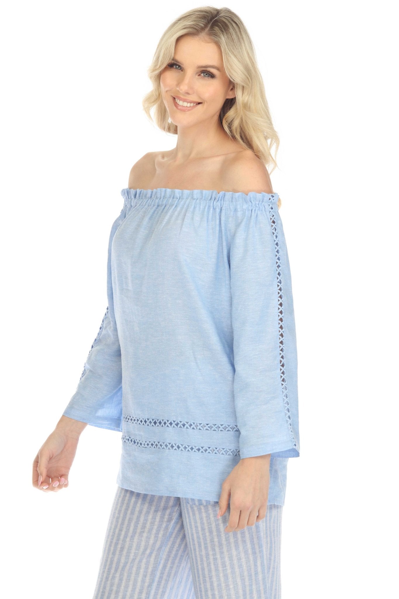 Túnica informal de lino con hombros descubiertos y mangas largas para mujer, estilo resort