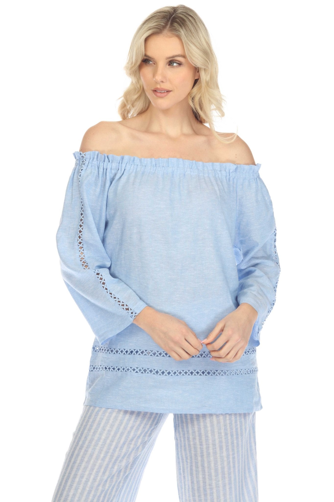 Túnica informal de lino con hombros descubiertos y mangas largas para mujer, estilo resort