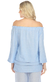 Túnica informal de lino con hombros descubiertos y mangas largas para mujer, estilo resort