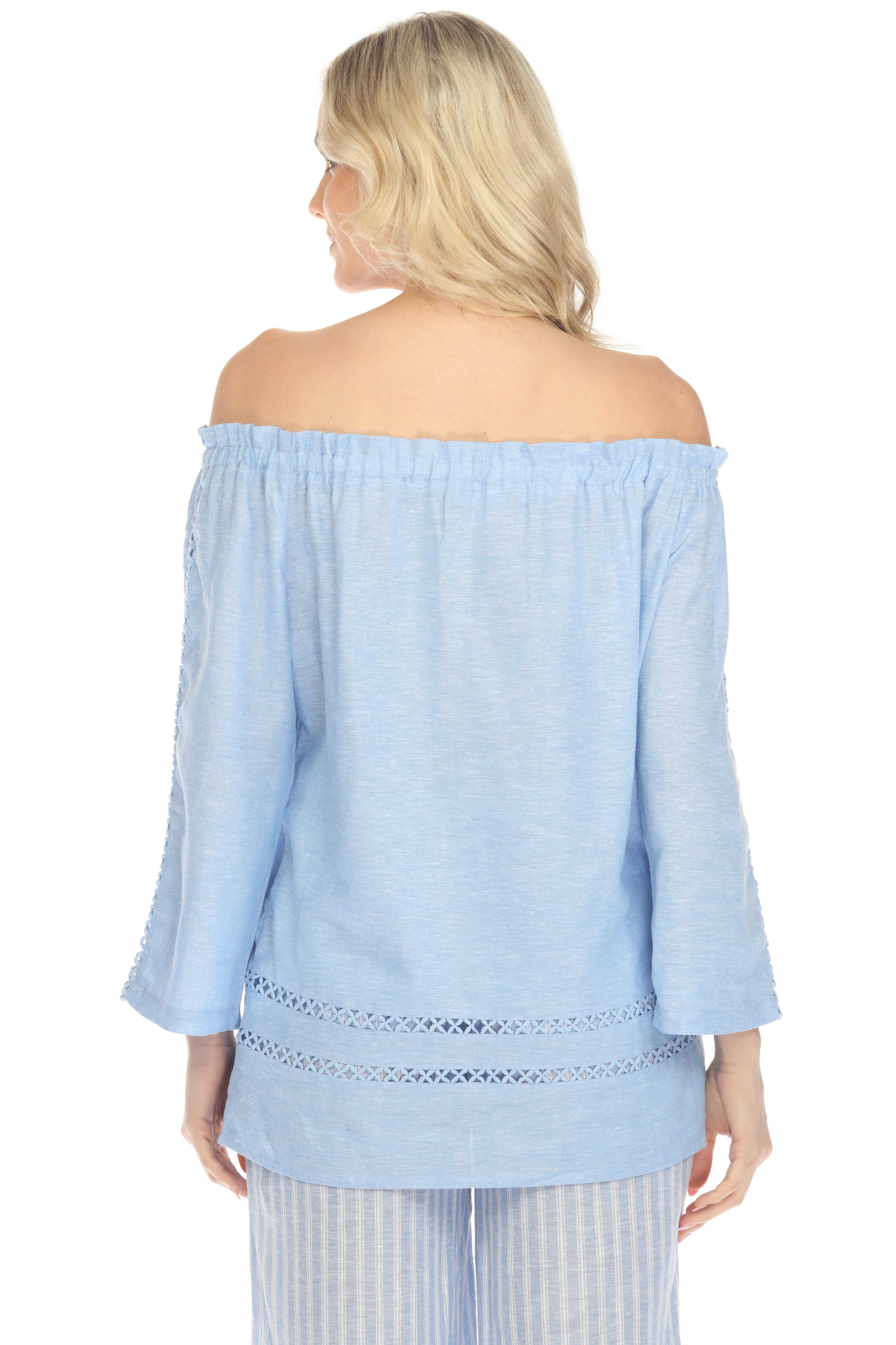 Túnica informal de lino con hombros descubiertos y mangas largas para mujer, estilo resort