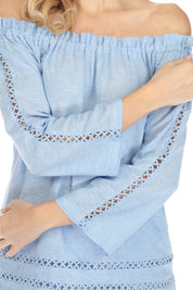 Túnica informal de lino con hombros descubiertos y mangas largas para mujer, estilo resort