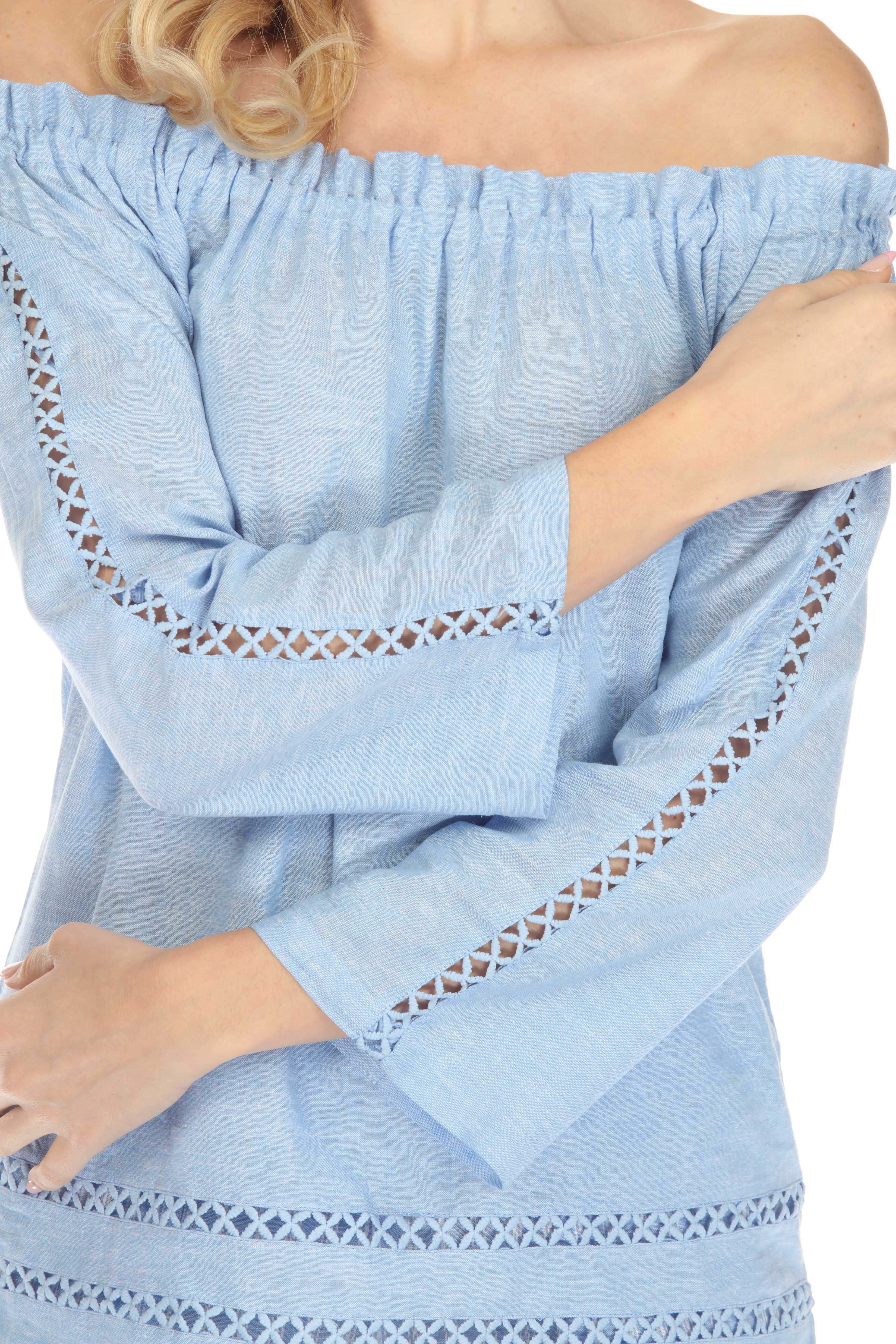 Túnica informal de lino con hombros descubiertos y mangas largas para mujer, estilo resort