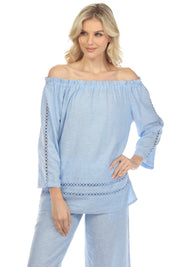 Túnica informal de lino con hombros descubiertos y mangas largas para mujer, estilo resort