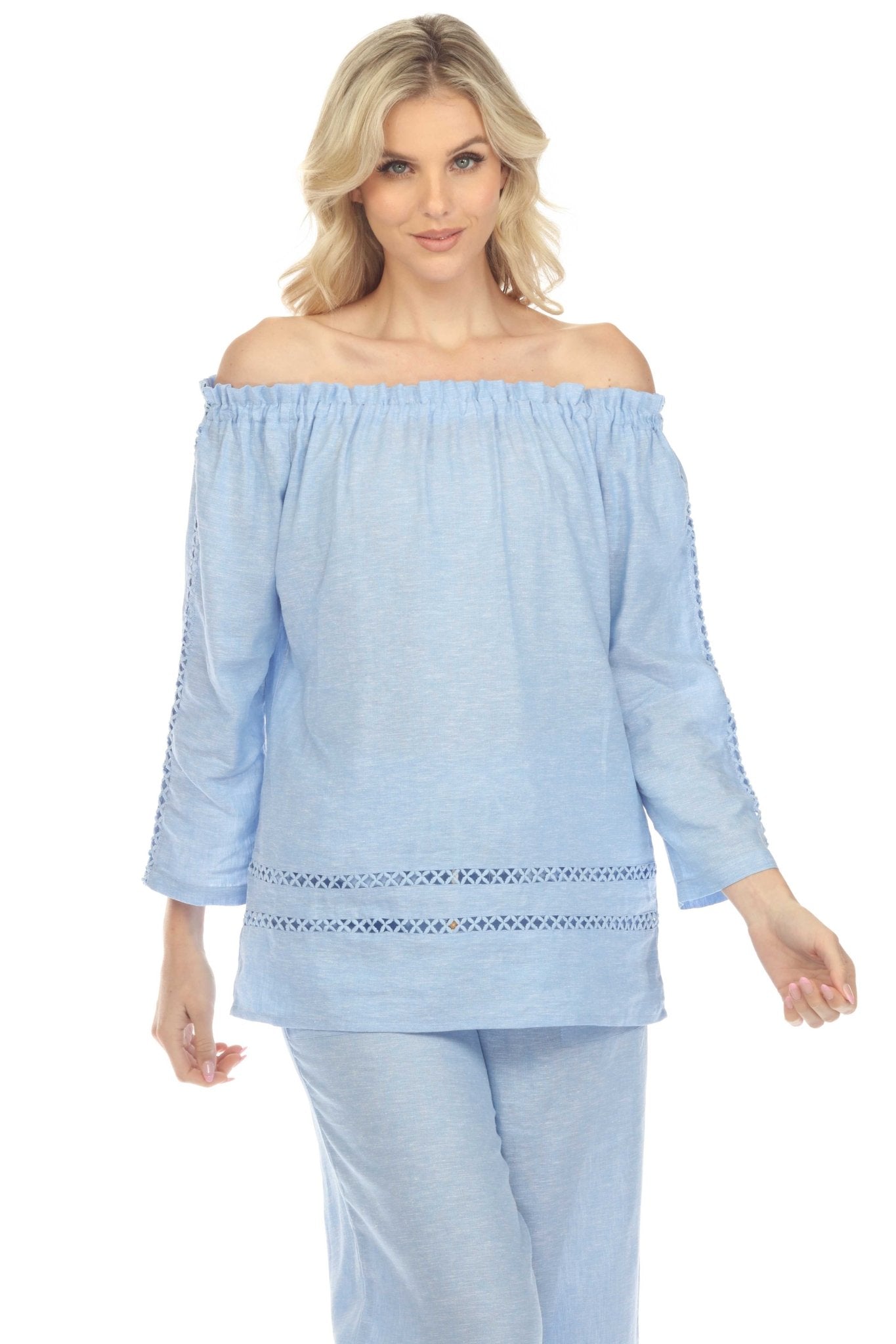 Túnica informal de lino con hombros descubiertos y mangas largas para mujer, estilo resort