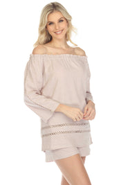 Túnica informal de lino con hombros descubiertos y mangas largas para mujer, estilo resort