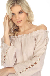 Túnica informal de lino con hombros descubiertos y mangas largas para mujer, estilo resort