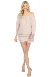 Túnica informal de lino con hombros descubiertos y mangas largas para mujer, estilo resort