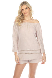 Túnica informal de lino con hombros descubiertos y mangas largas para mujer, estilo resort