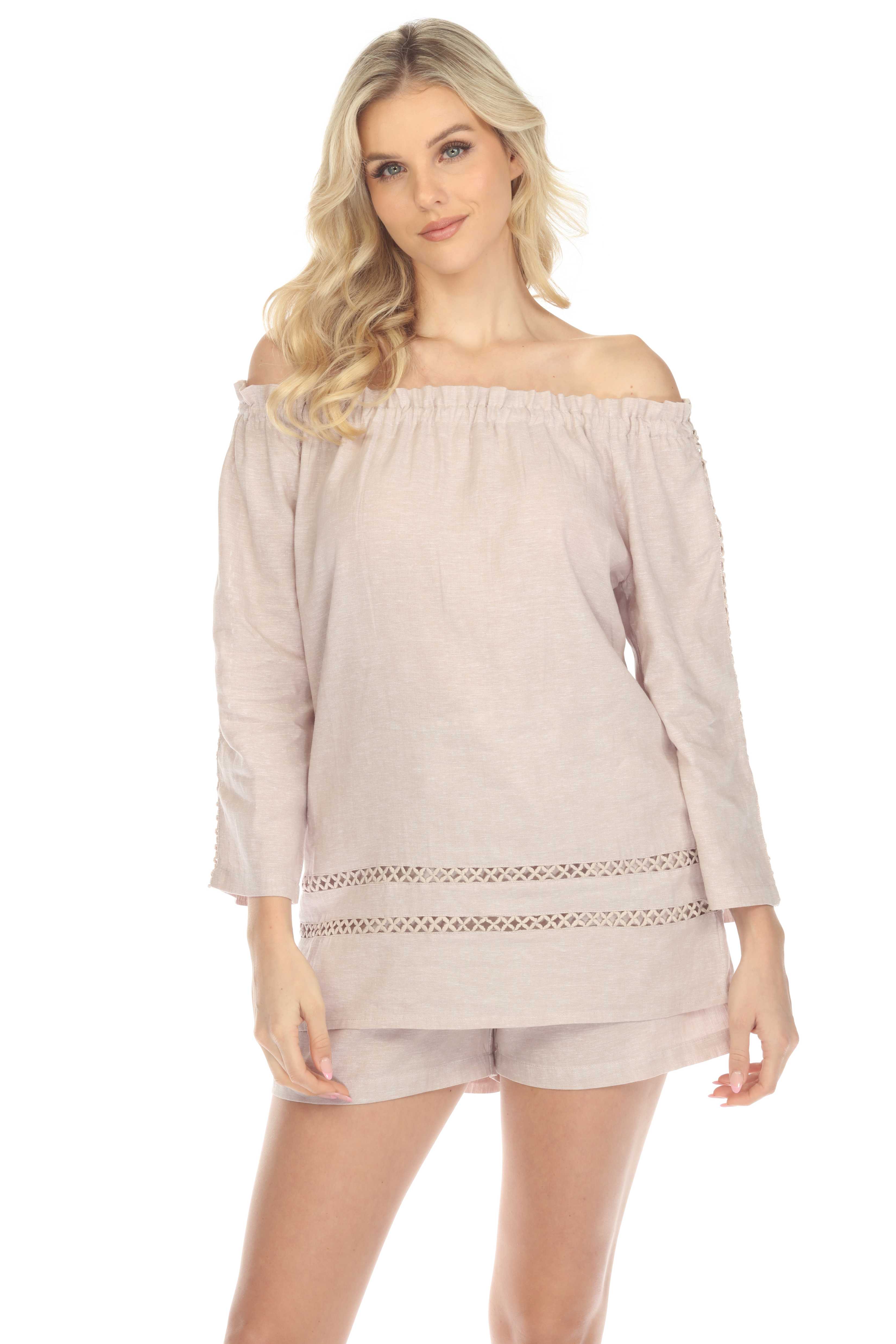 Túnica informal de lino con hombros descubiertos y mangas largas para mujer, estilo resort