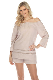Túnica informal de lino con hombros descubiertos y mangas largas para mujer, estilo resort