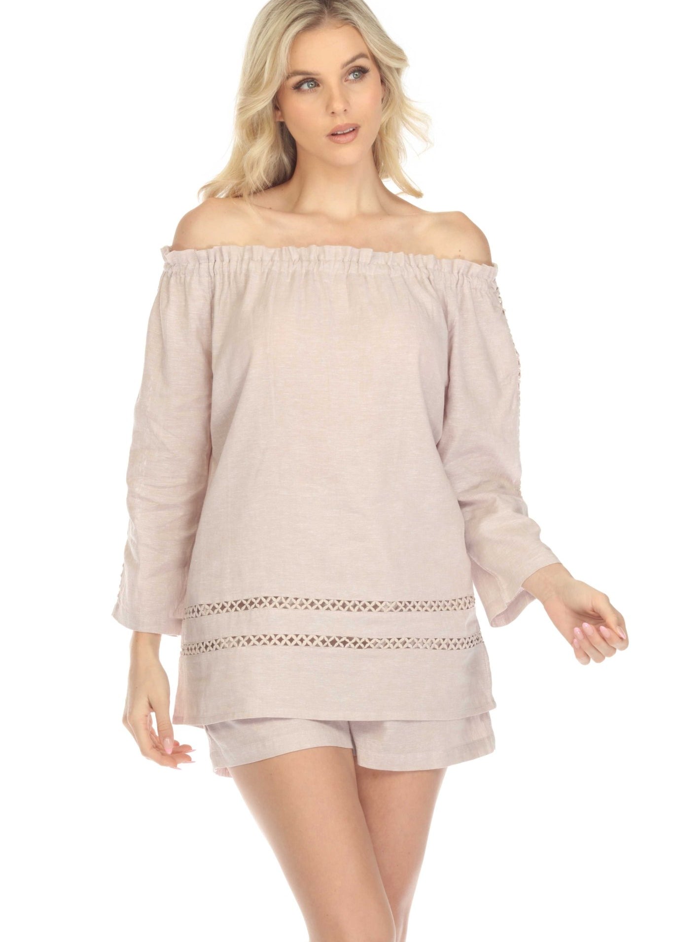 Women's Casual Resort Wear Off-Shoulder Cut Out Trim Long Sleeve Linen Blend Tunic Top