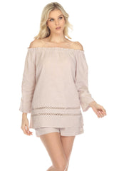 Túnica informal de lino con hombros descubiertos y mangas largas para mujer, estilo resort